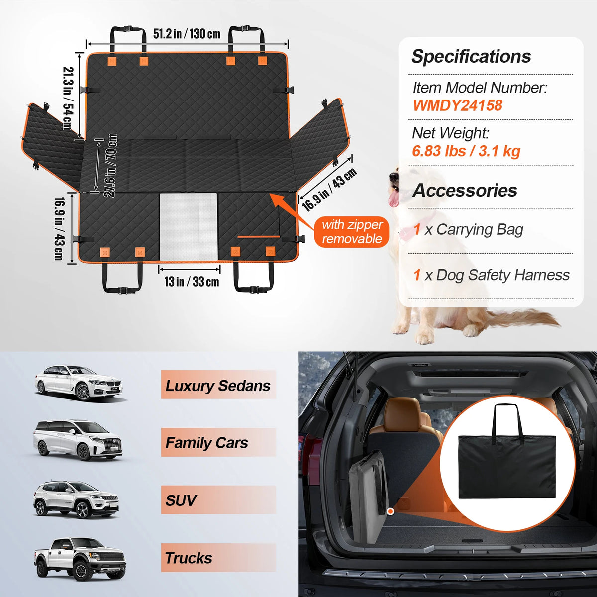 SucceBuy Nylon Dog Back Seat Extender With Mesh Window Storage