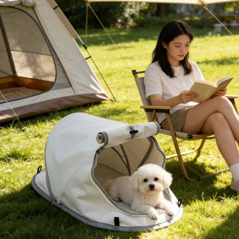 Foldable Pop Up Dog Cave Tent Waterproof Wear-resistant Oxford Cloth Breathable Ventilated Mesh Panel Adjustable Roll Shade Cover Lightweight Compressible Pet Shelter Outdoor Picnic Camping Anti-UV Rest House For Small Breed