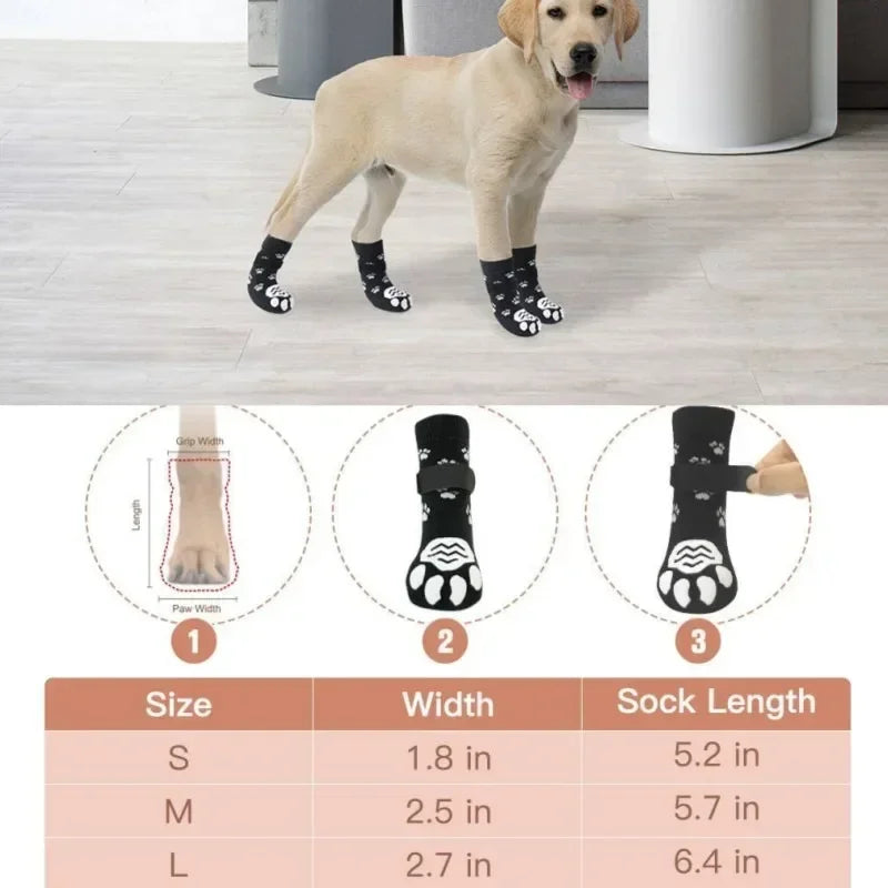Indoor dog traction socks on a dog, showcasing size options and sock dimensions for indoor paw protection and traction.