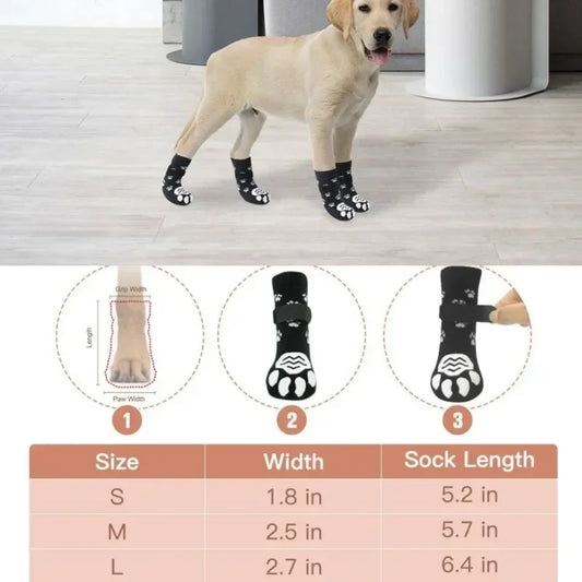 Indoor dog traction socks on a dog, showcasing size options and sock dimensions for indoor paw protection and traction.