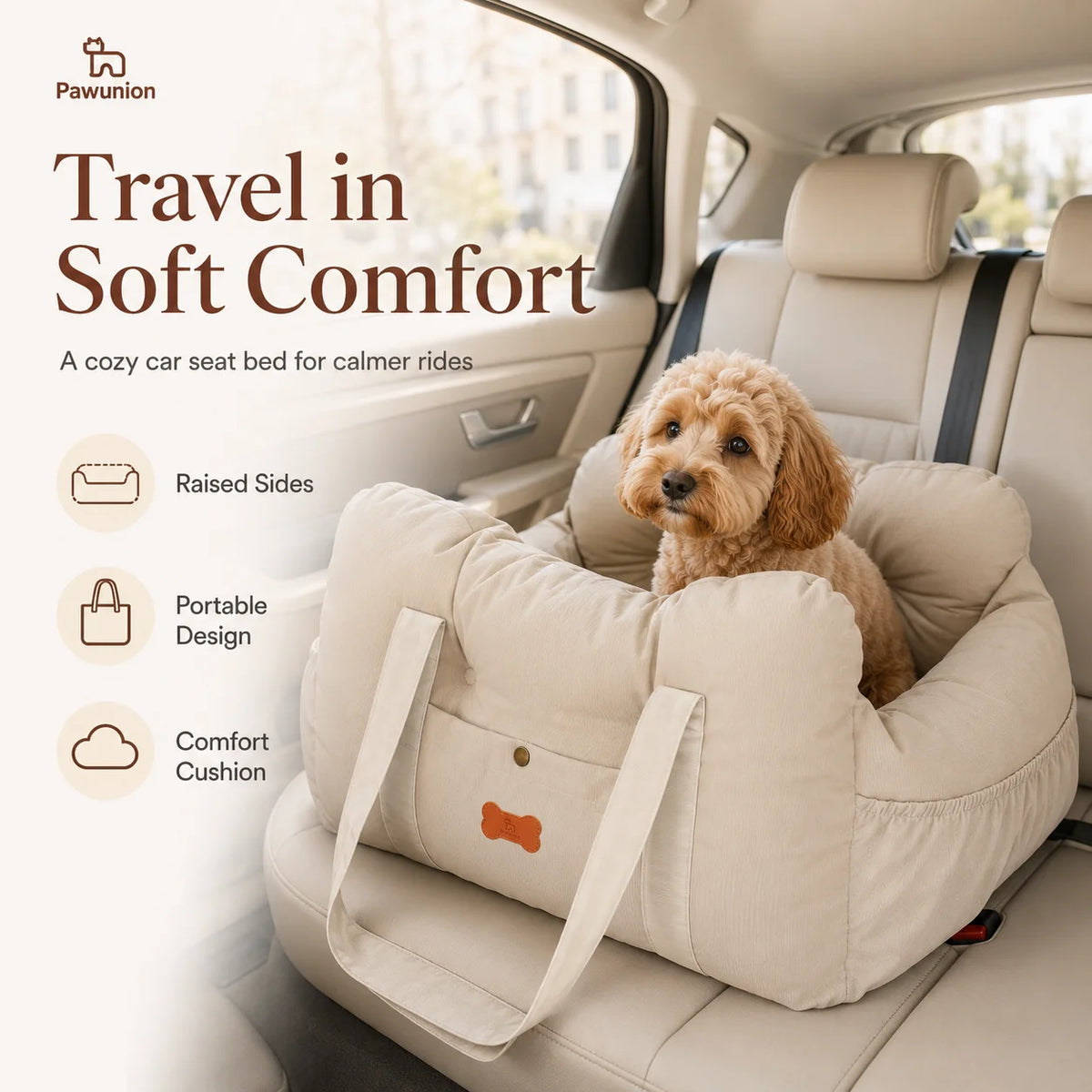Portable Dog Car Seat With Plush Interior And Safety Tether