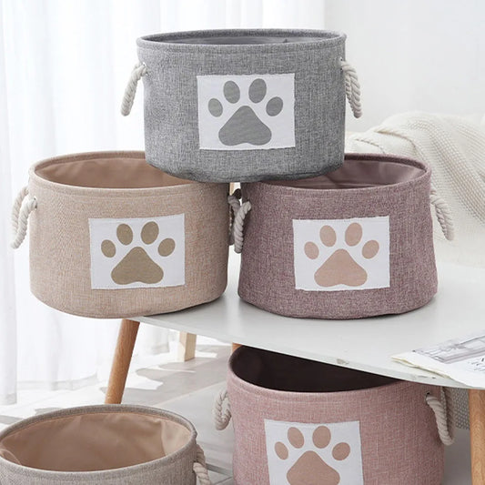Dog Toy Basket Round With Handles Durable Paw Patch Bin