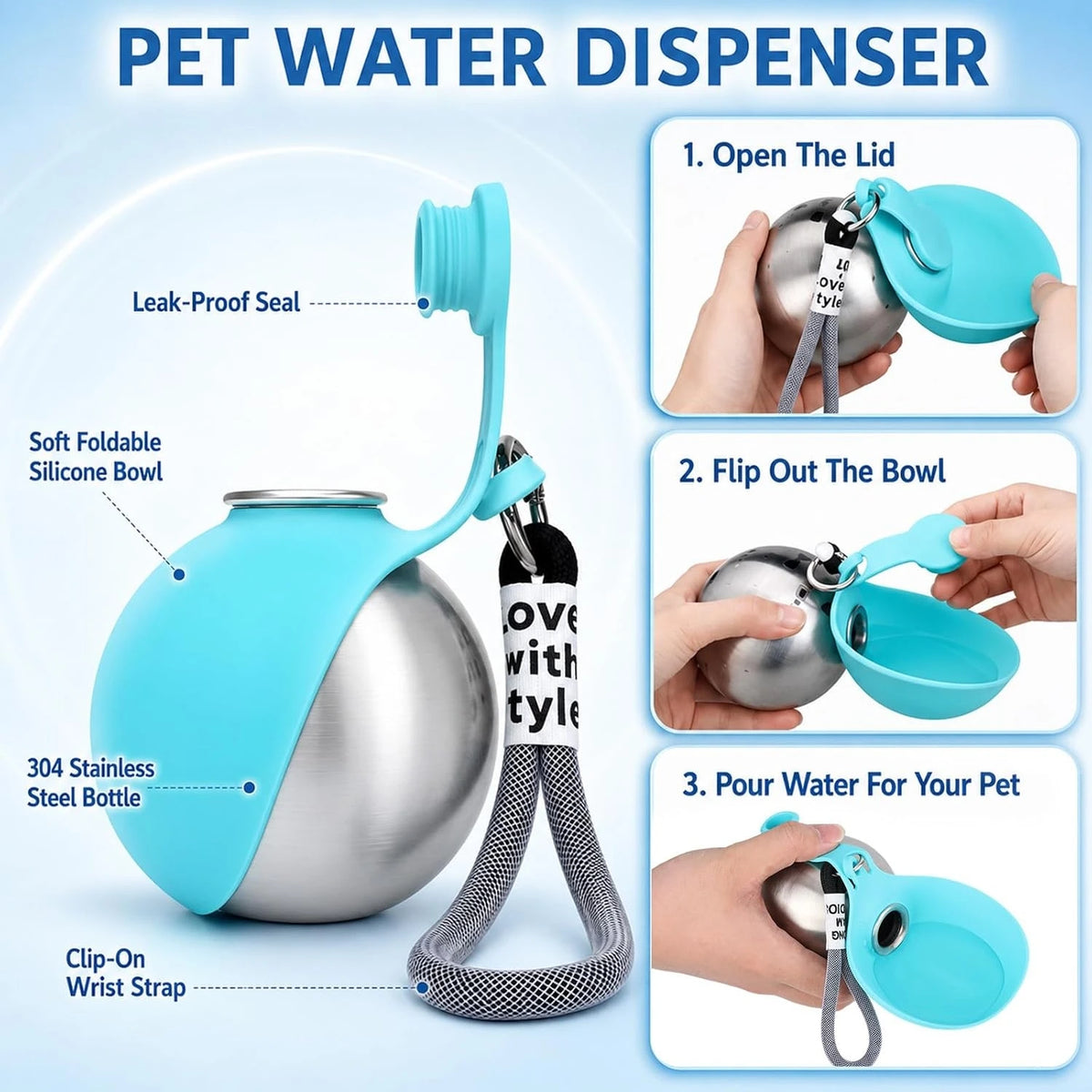 Portable Leak Proof Pet Water Dispenser Foldable Stainless Steel Bowl