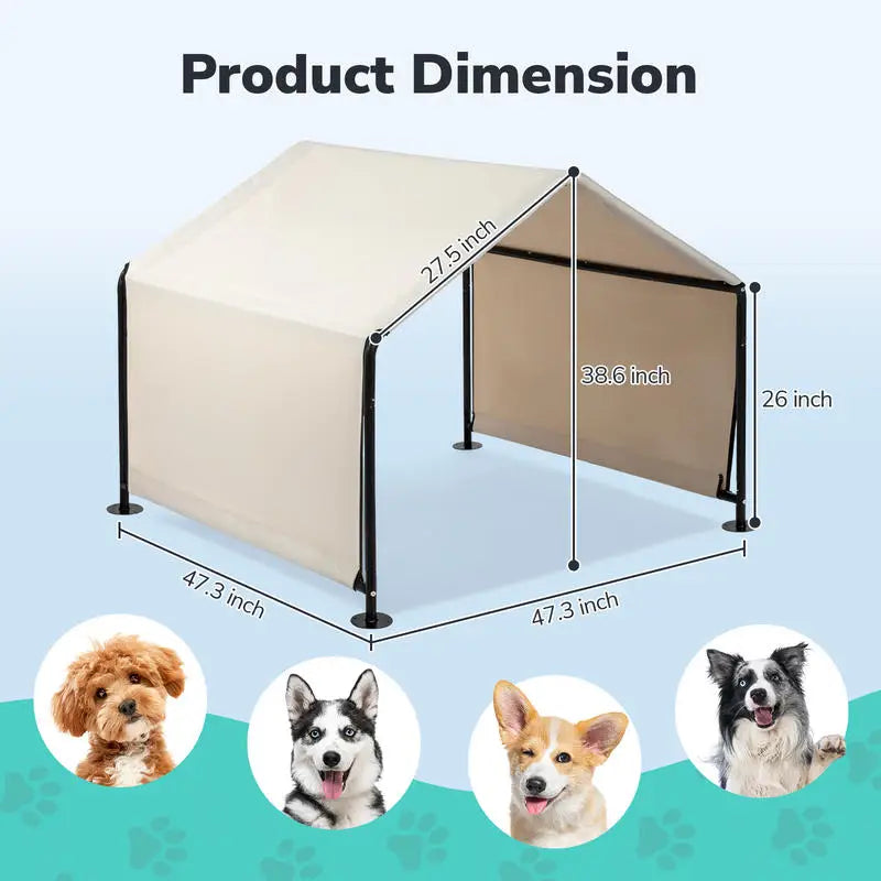 4*4*3.3FT Black Iron Pipe PVC Coated Polyester Tarpaulin, Waterproof and UV Resistant, Off-white, Pet Tent. Tarpaulin Bottom Is Sewn, Top Has Velcro Closure.