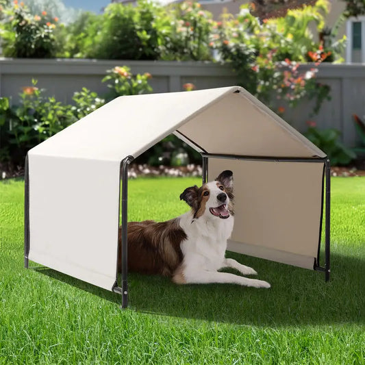 4*4*3.3FT Black Iron Pipe PVC Coated Polyester Tarpaulin, Waterproof and UV Resistant, Off-white, Pet Tent. Tarpaulin Bottom Is Sewn, Top Has Velcro Closure.
