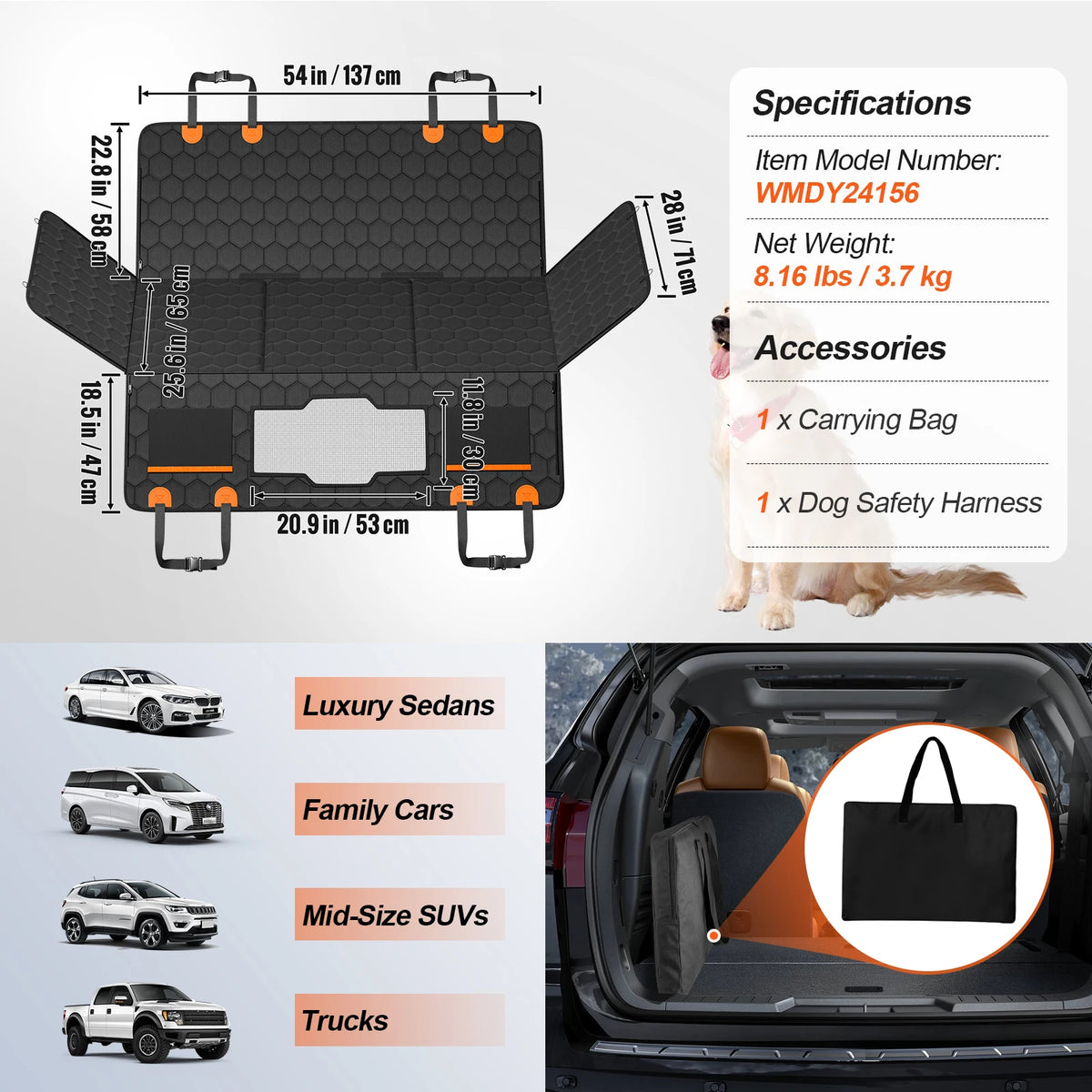 SucceBuy Nylon Dog Back Seat Extender With Mesh Window Storage