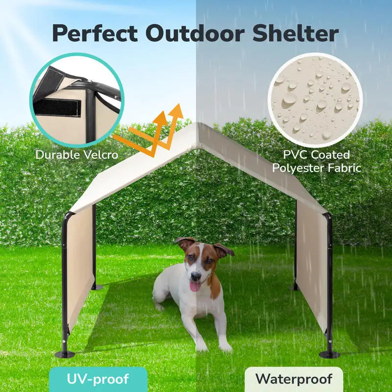4*4*3.3FT Black Iron Pipe PVC Coated Polyester Tarpaulin, Waterproof and UV Resistant, Off-white, Pet Tent. Tarpaulin Bottom Is Sewn, Top Has Velcro Closure.
