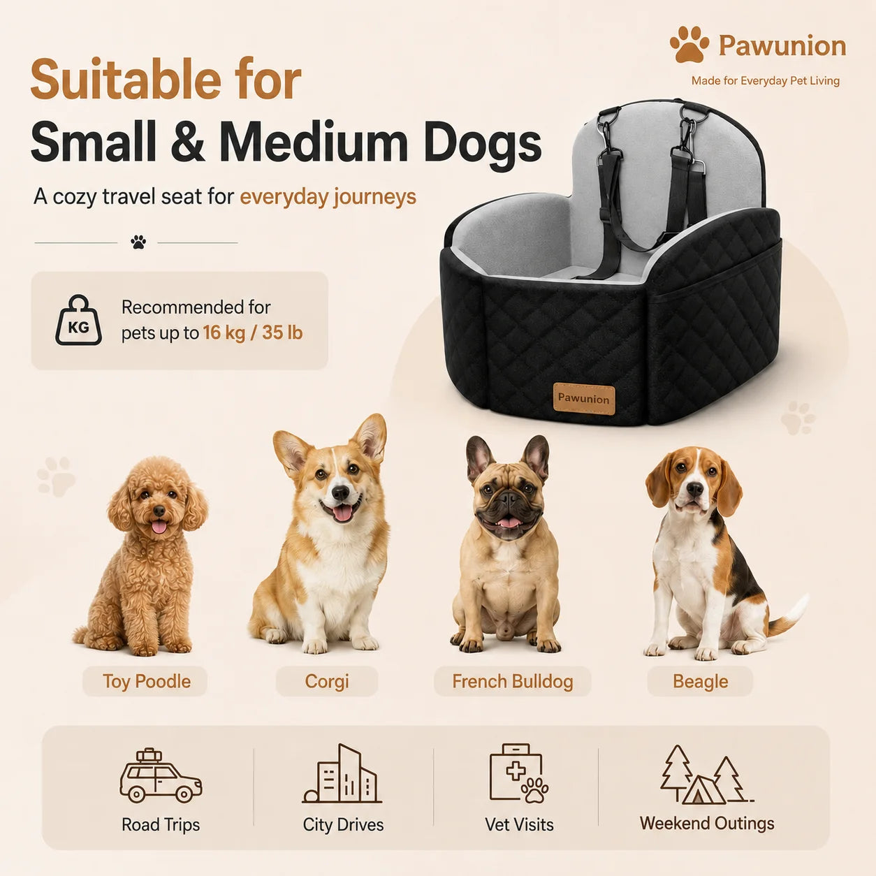 Memory Foam Dog Car Seat Booster With Removable Washable Cover
