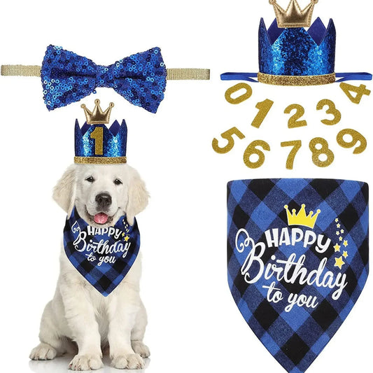 Cute Pet Birthday Bandana And Crown Hat Party Costume Set