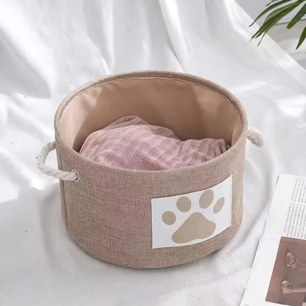 Dog Toy Basket Round With Handles Durable Paw Patch Bin