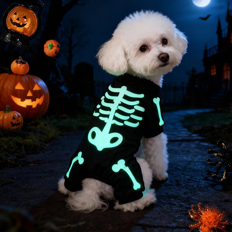 Glow Print Skeleton Dog Jumpsuit for Halloween Costume Parties