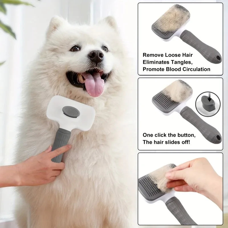 Pet Grooming Brush With OneClick Hair Removal For Dogs Cats
