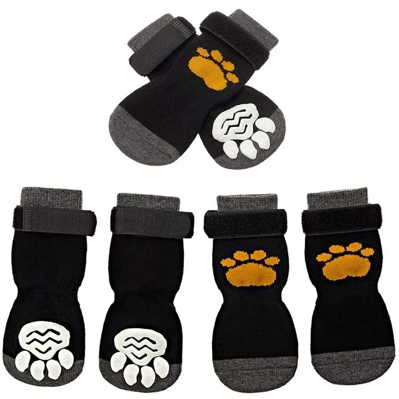 Indoor dog traction socks featuring adjustable fit and non-slip soles for paw protection on indoor floors.