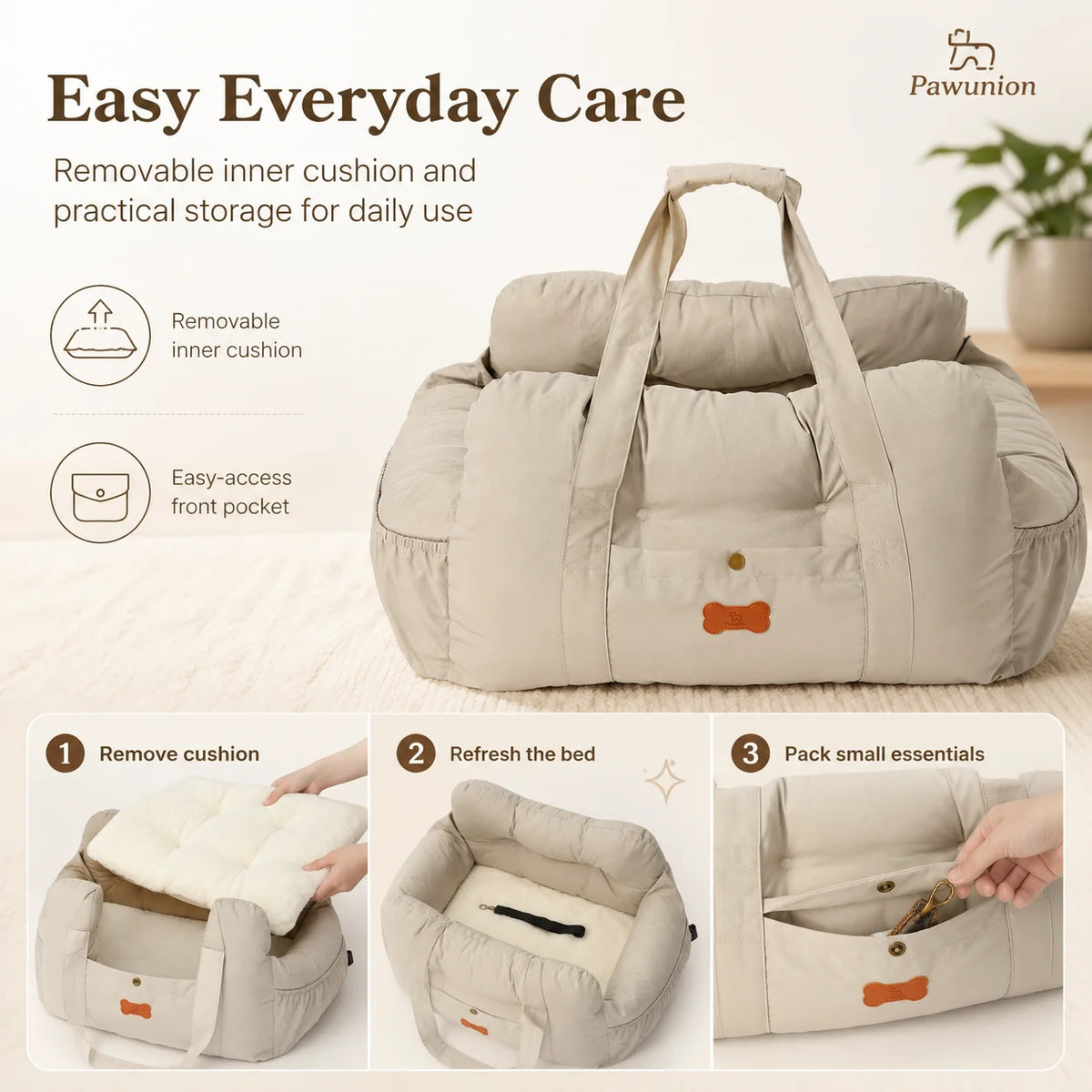 Portable Dog Car Seat With Plush Interior And Safety Tether