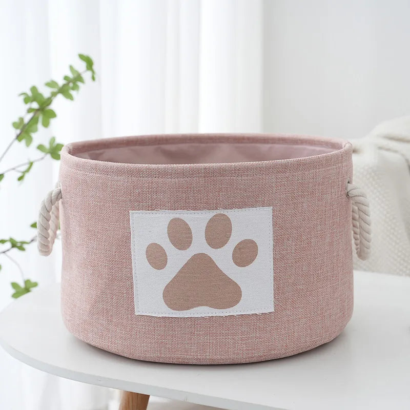 Dog Toy Basket Round With Handles Durable Paw Patch Bin